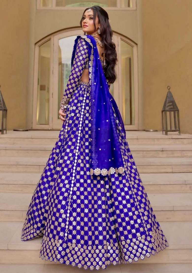 Royal Blue Embroidered Georgette Lehenga Set for Diwali and Festive Wear - Indya