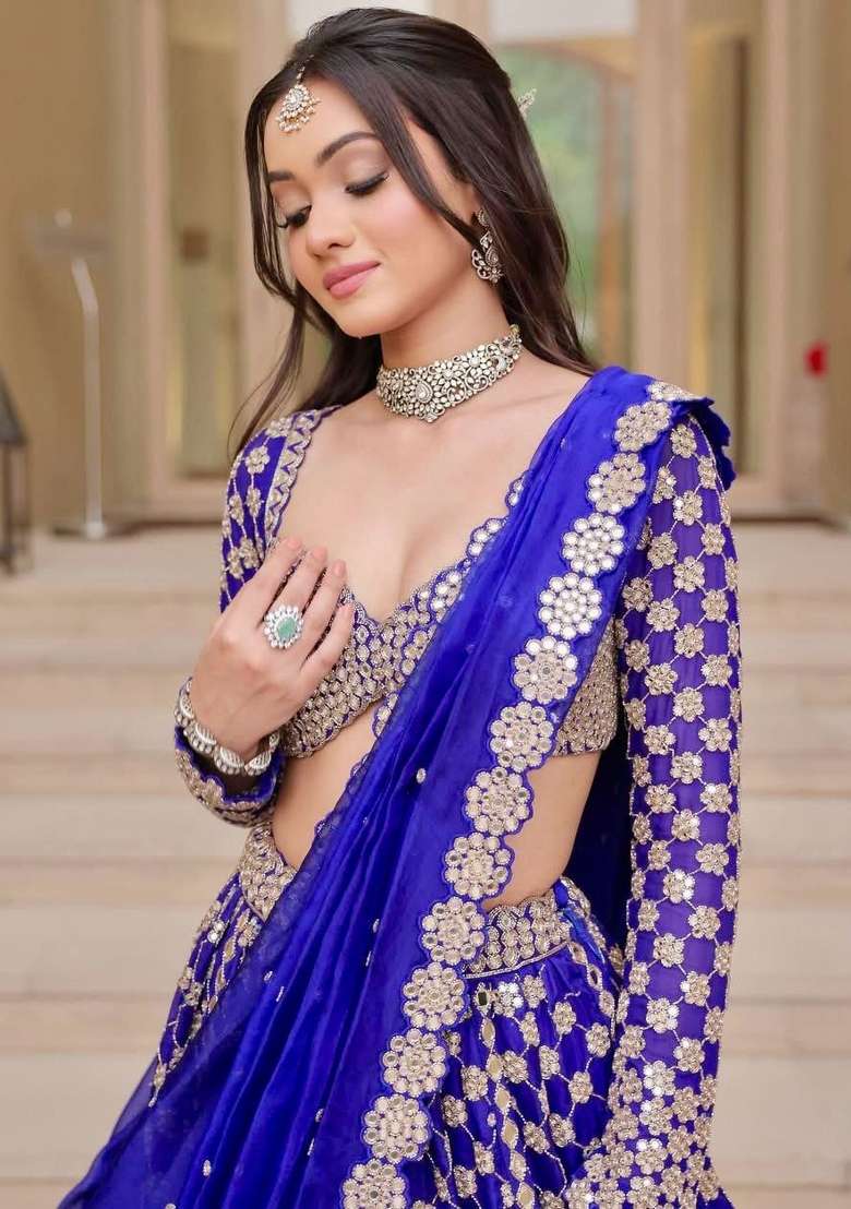 Royal Blue Embroidered Georgette Lehenga Set for Diwali and Festive Wear - Indya