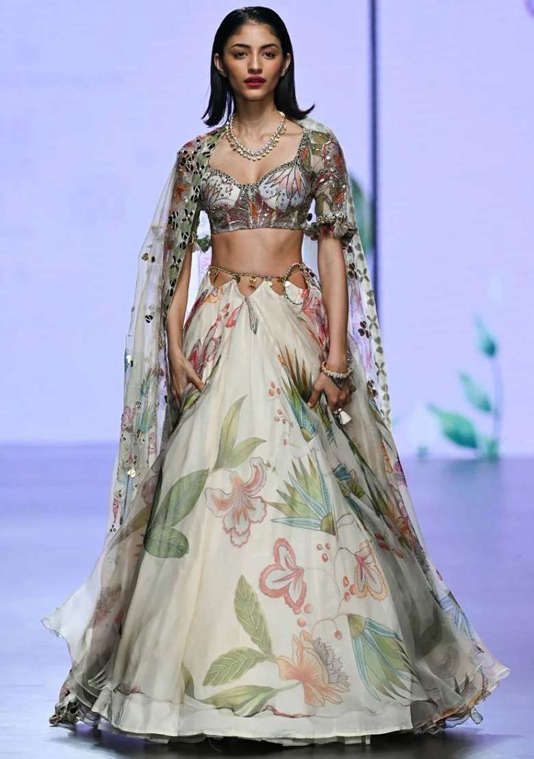 Multicolor Silk Lehenga Set with Printed for Diwali | Wedding & Festive Wear - Indya