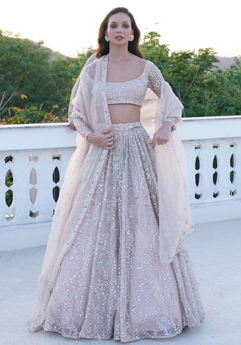 Peach Embroidered Silk Lehenga Set