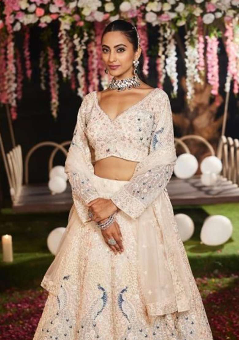 White Embroidered Net Lehenga Set - Indya