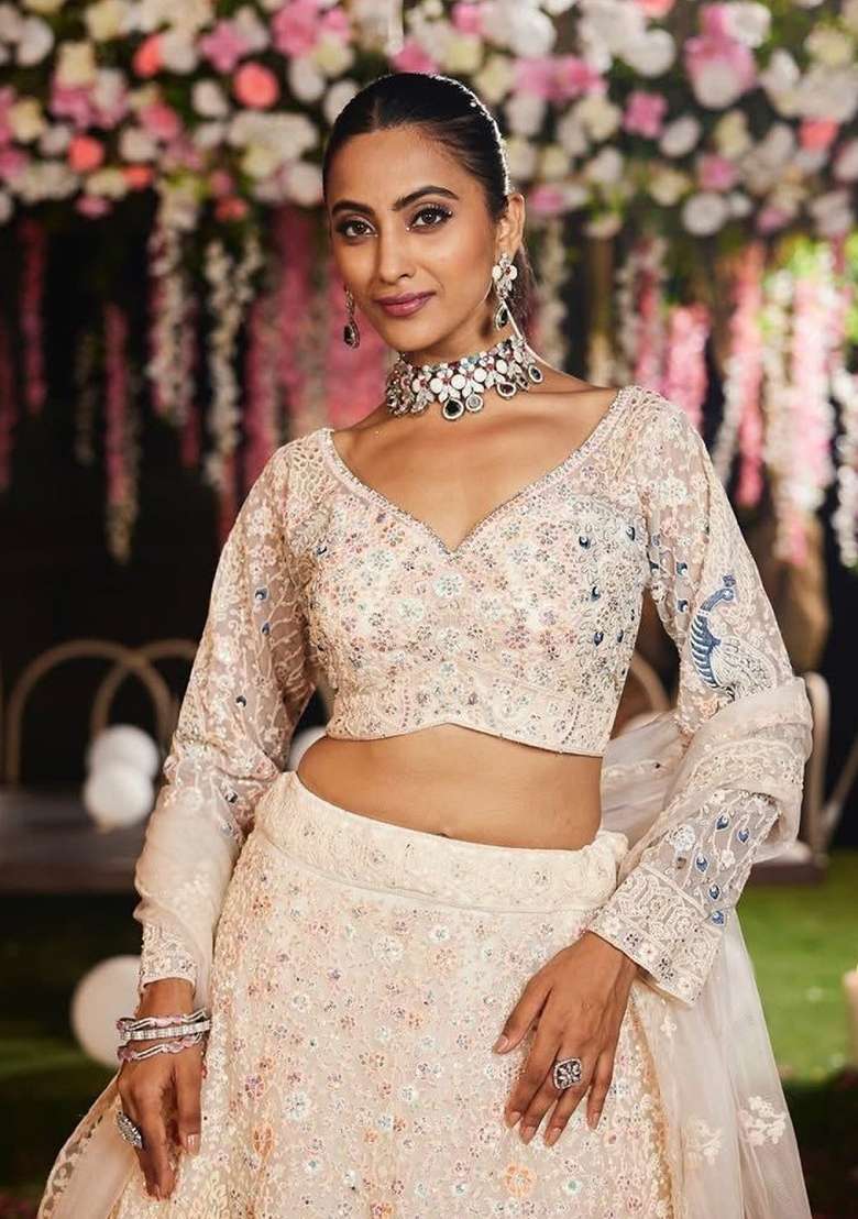 White Embroidered Net Lehenga Set - Indya