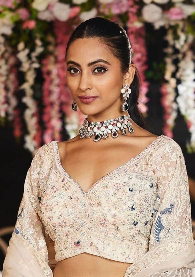 White Embroidered Net Lehenga Set - Indya