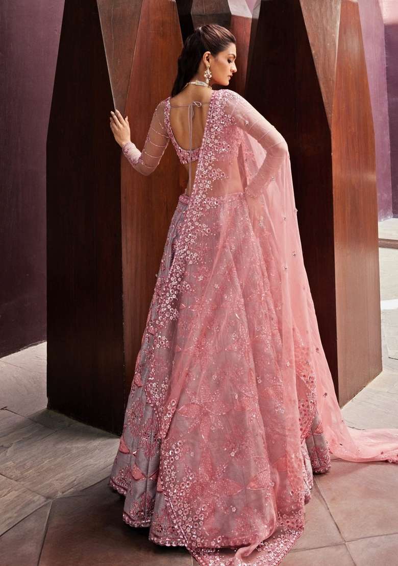 Grey Embroidered Silk Lehenga Set - Indya