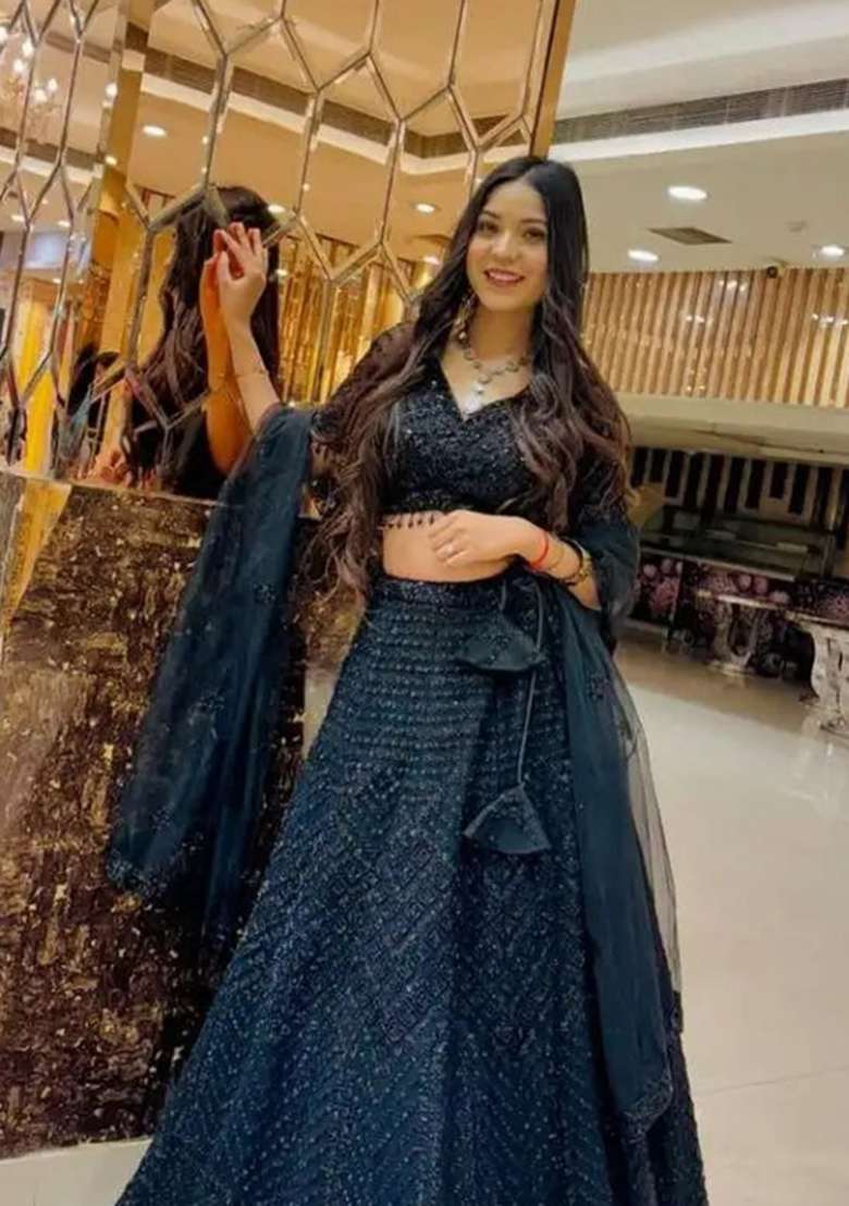 Black Net Lehenga Set with Embroidered for Diwali | Wedding & Festive Wear - Indya