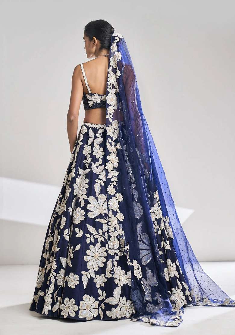 Blue Embroidered Silk Lehenga Set - Indya