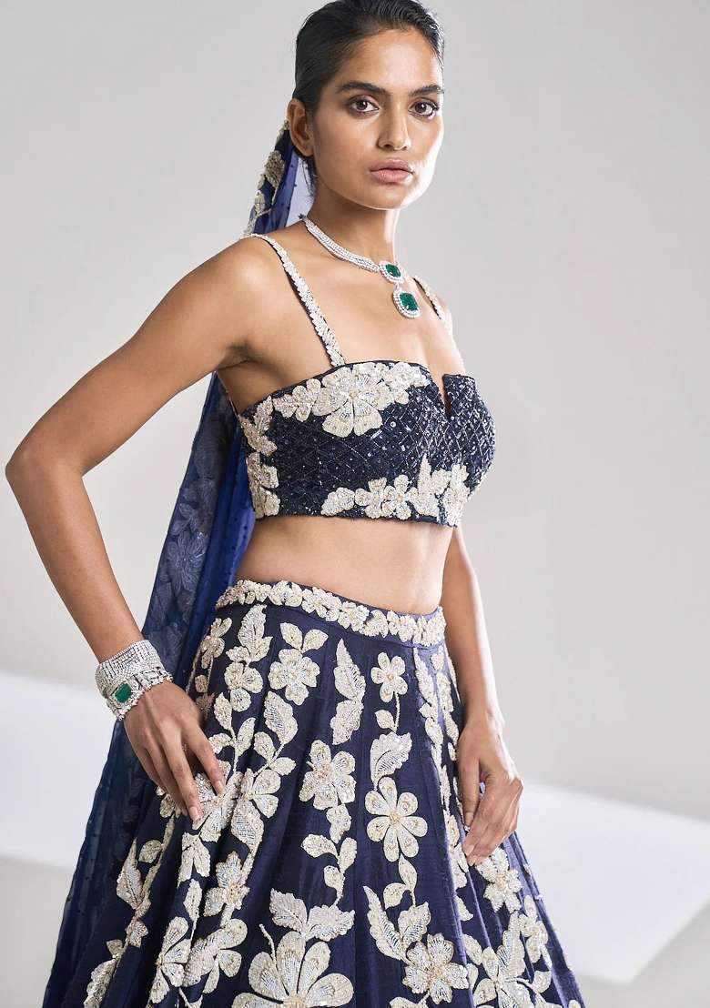 Blue Embroidered Silk Lehenga Set - Indya
