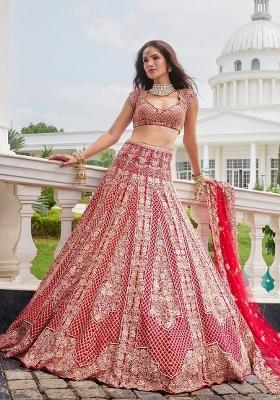 Red Embroidered Satin Lehenga Set