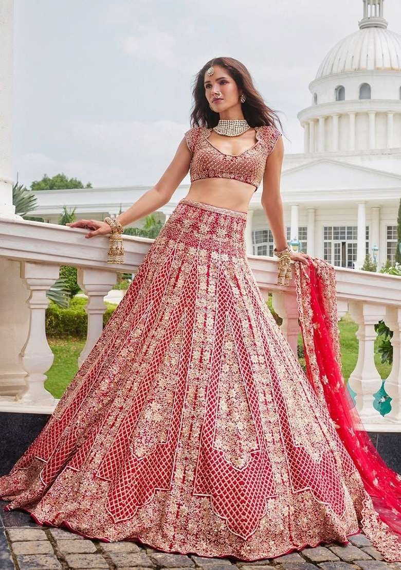 Red Embroidered Satin Lehenga Set - Indya