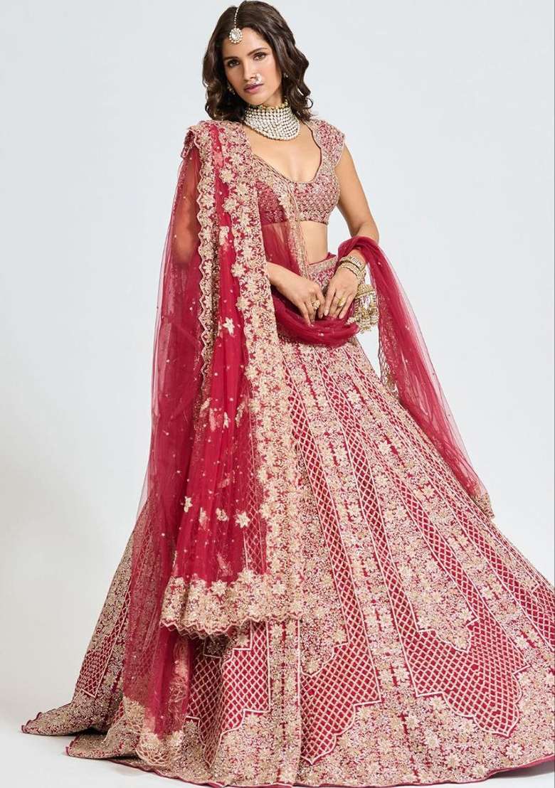 Red Embroidered Satin Lehenga Set - Indya