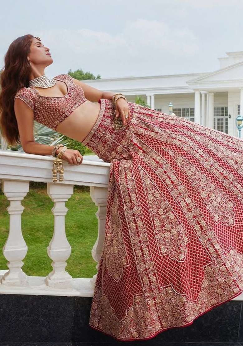 Red Embroidered Satin Lehenga Set - Indya