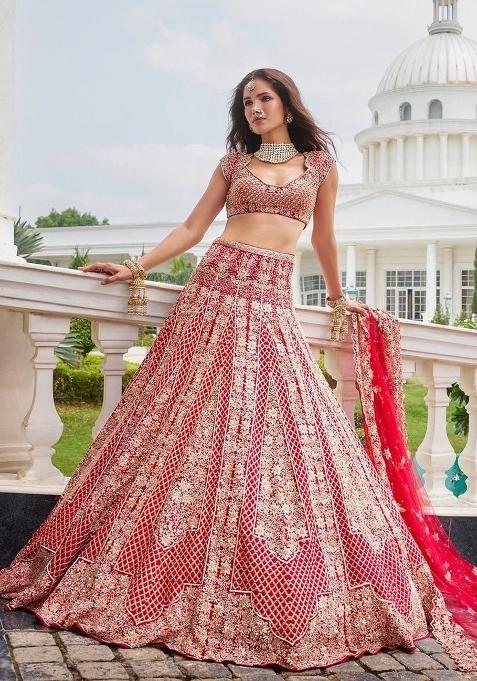 Red Embroidered Satin Lehenga Set