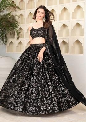 Black Embroidered Georgette Lehenga Set
