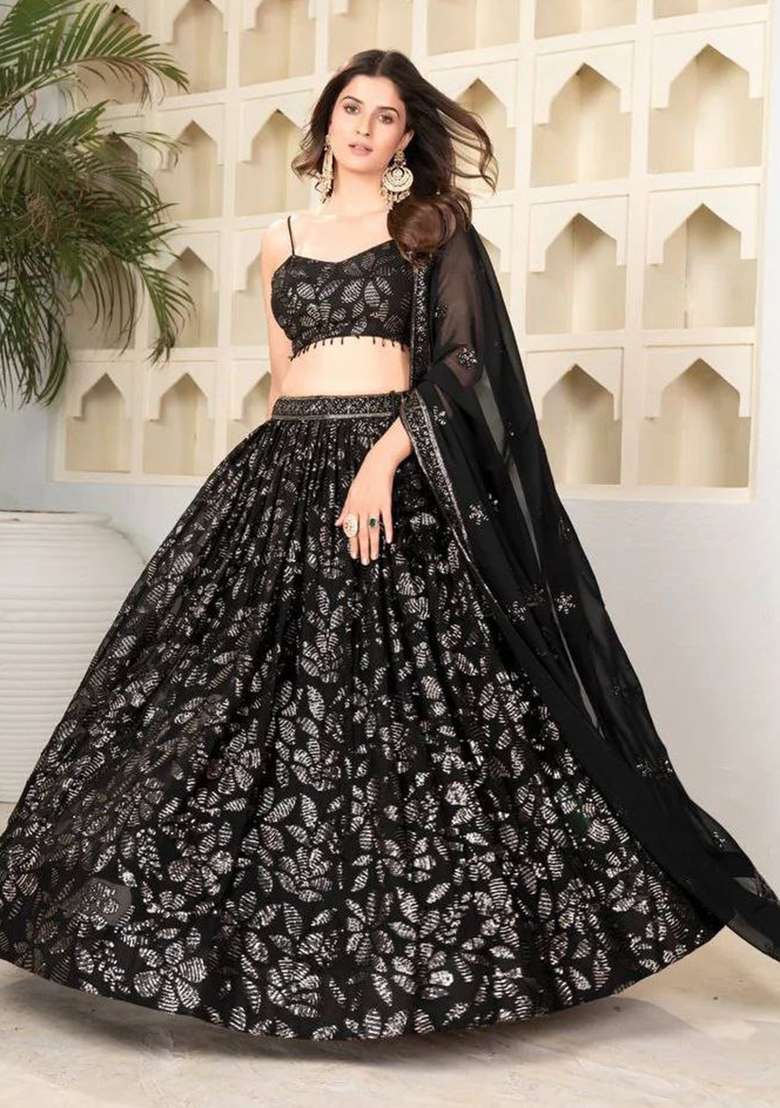 Black Georgette Lehenga Set with Embroidered for Diwali | Wedding & Festive Wear - Indya