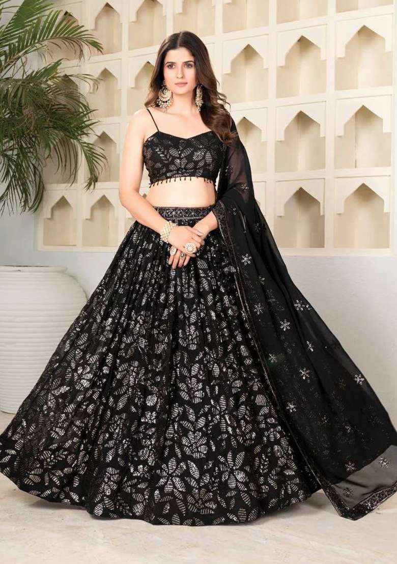 Black Georgette Lehenga Set with Embroidered for Diwali | Wedding & Festive Wear - Indya