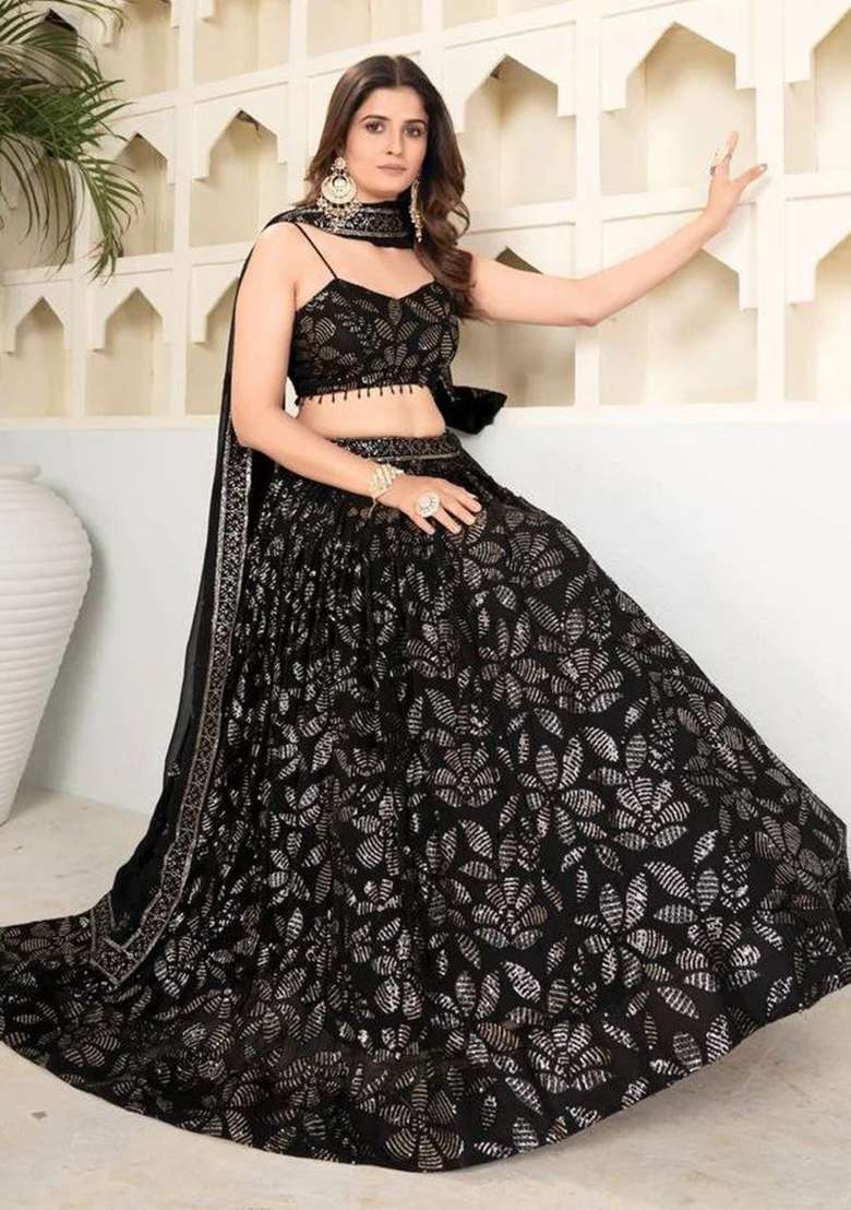 Black Georgette Lehenga Set with Embroidered for Diwali | Wedding & Festive Wear - Indya