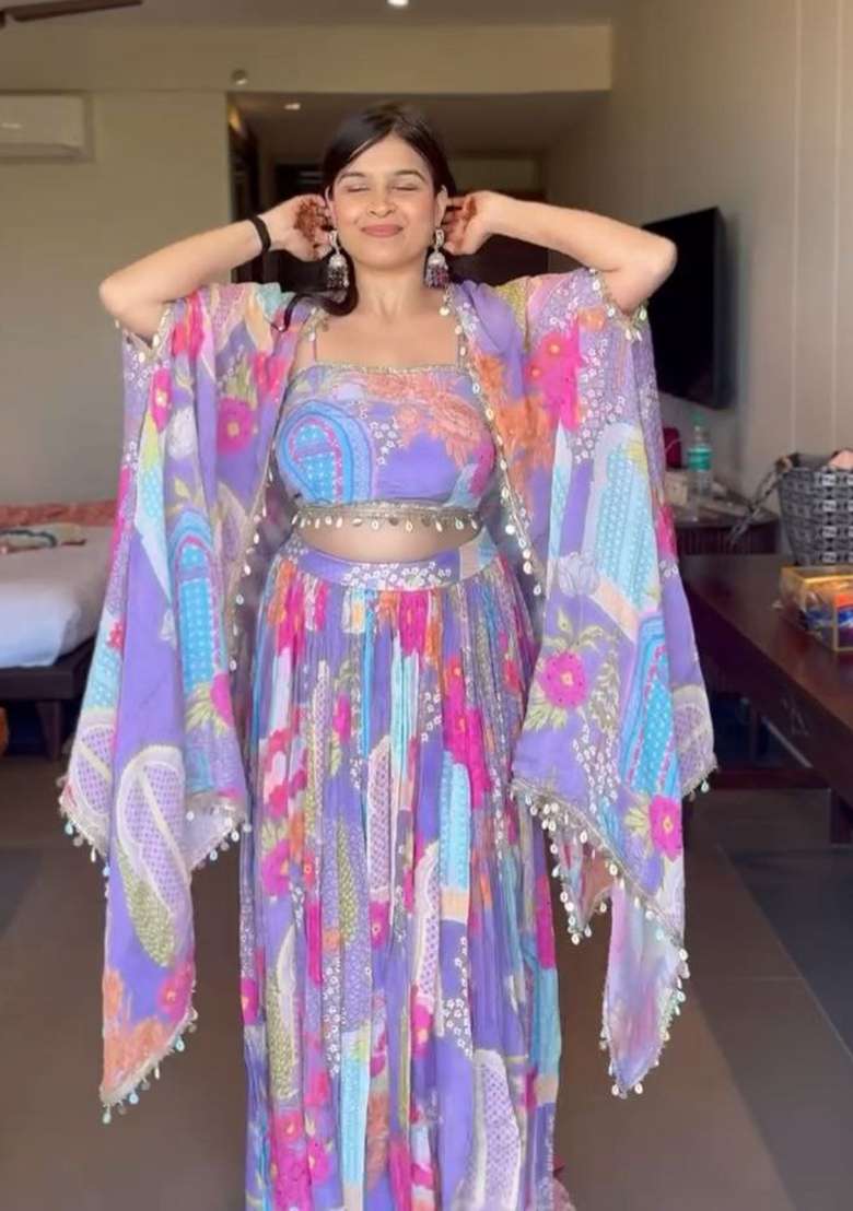 Multicolor Silk Lehenga Set with Printed for Diwali | Wedding & Festive Wear - Indya