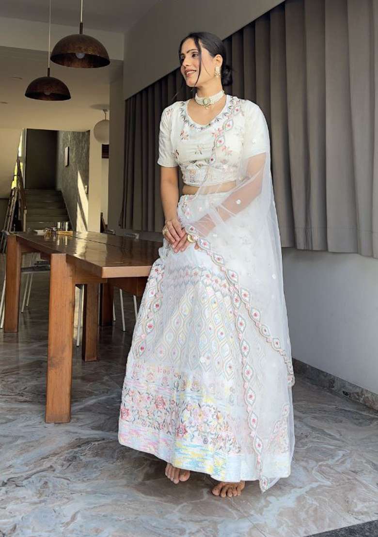 Multicolor Georgette Lehenga Set with Embroidered for Diwali | Wedding & Festive Wear - Indya