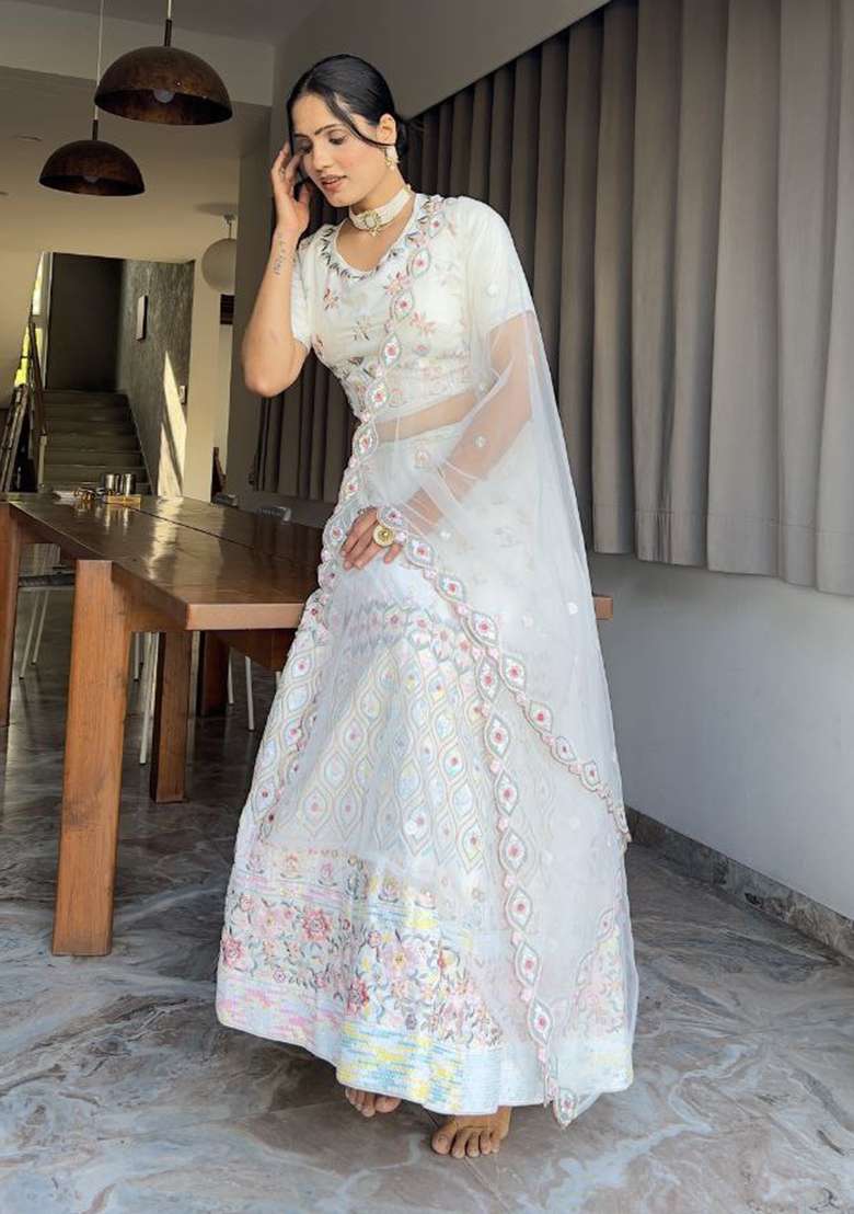 Multicolor Georgette Lehenga Set with Embroidered for Diwali | Wedding & Festive Wear - Indya