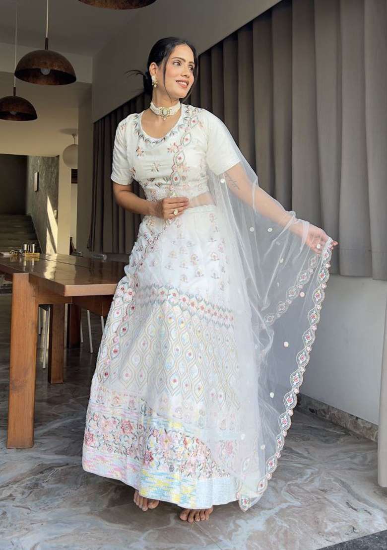 Multicolor Georgette Lehenga Set with Embroidered for Diwali | Wedding & Festive Wear - Indya