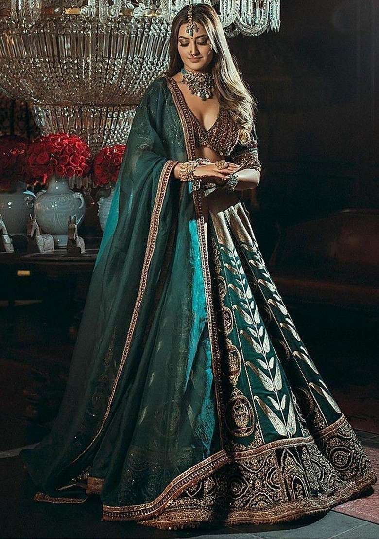 Green Sequin Work Satin Lehenga Set for Diwali and Festive Wear - Indya