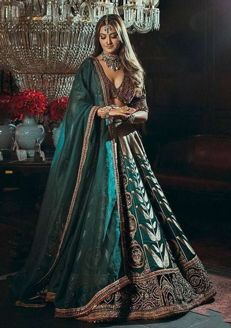 Green Sequin Work Satin Lehenga Set for Diwali and Festive Wear - Indya