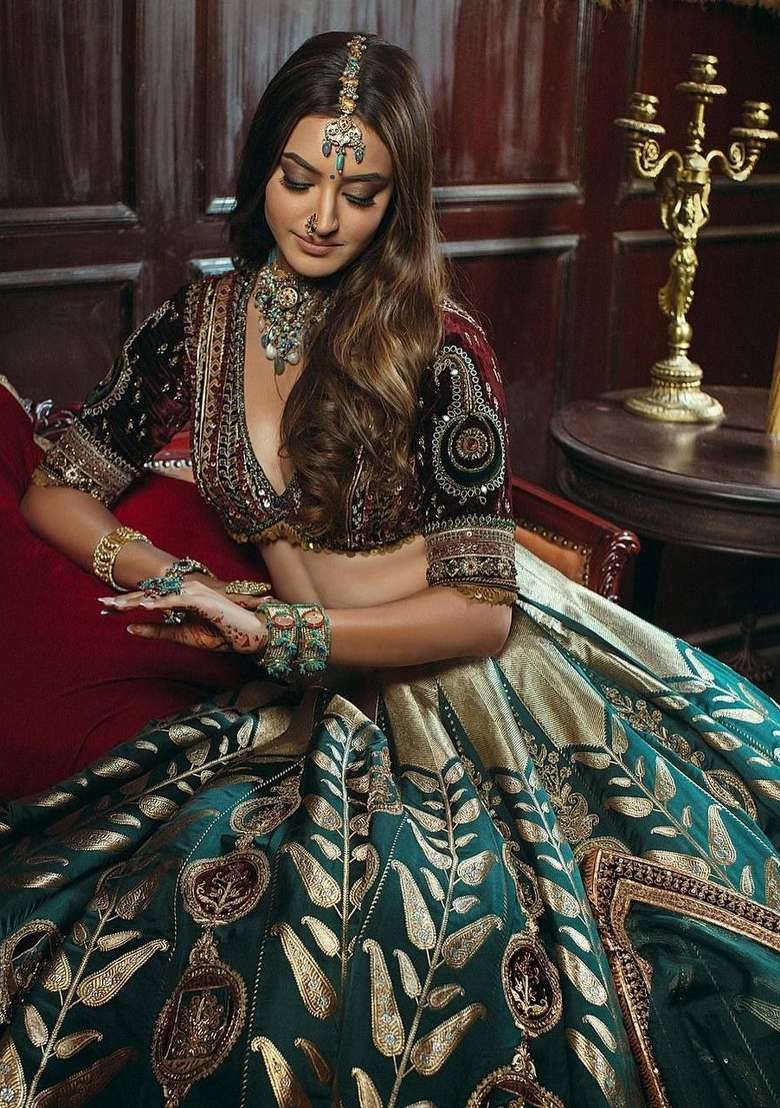 Green Sequin Work Satin Lehenga Set for Diwali and Festive Wear - Indya