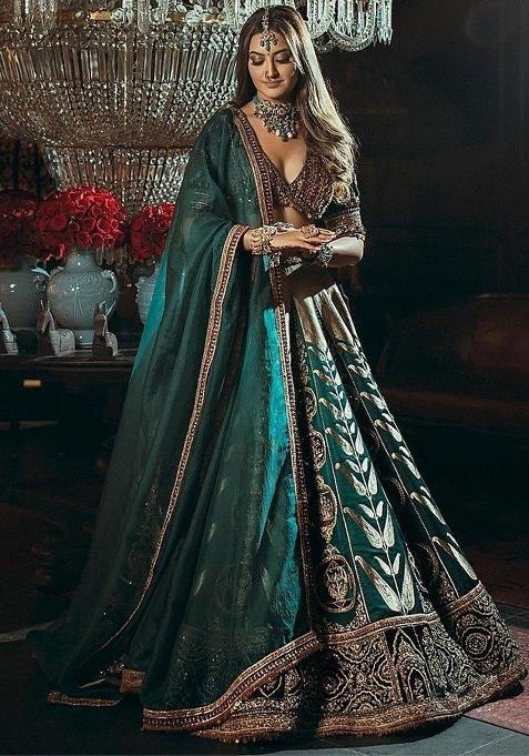 Green Sequin Work Satin Lehenga Set