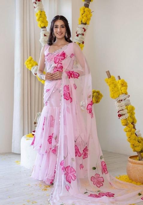 Pink Printed Georgette Lehenga Set
