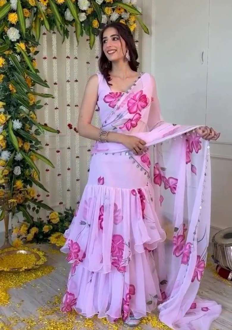 Pink Printed Georgette Lehenga Set for Diwali and Festive Wear - Indya