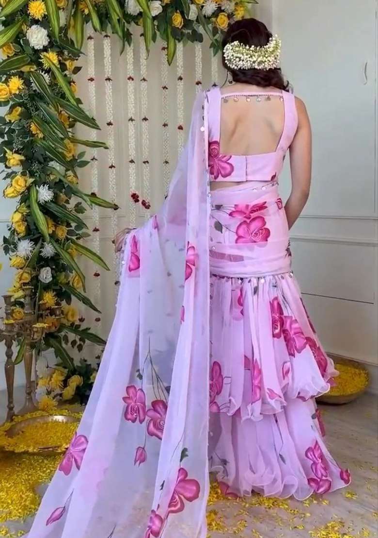 Pink Printed Georgette Lehenga Set for Diwali and Festive Wear - Indya
