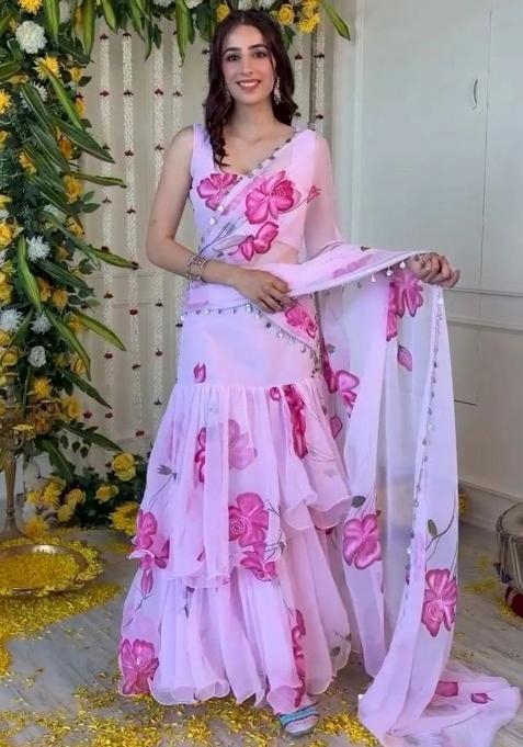 Pink Printed Georgette Lehenga Set
