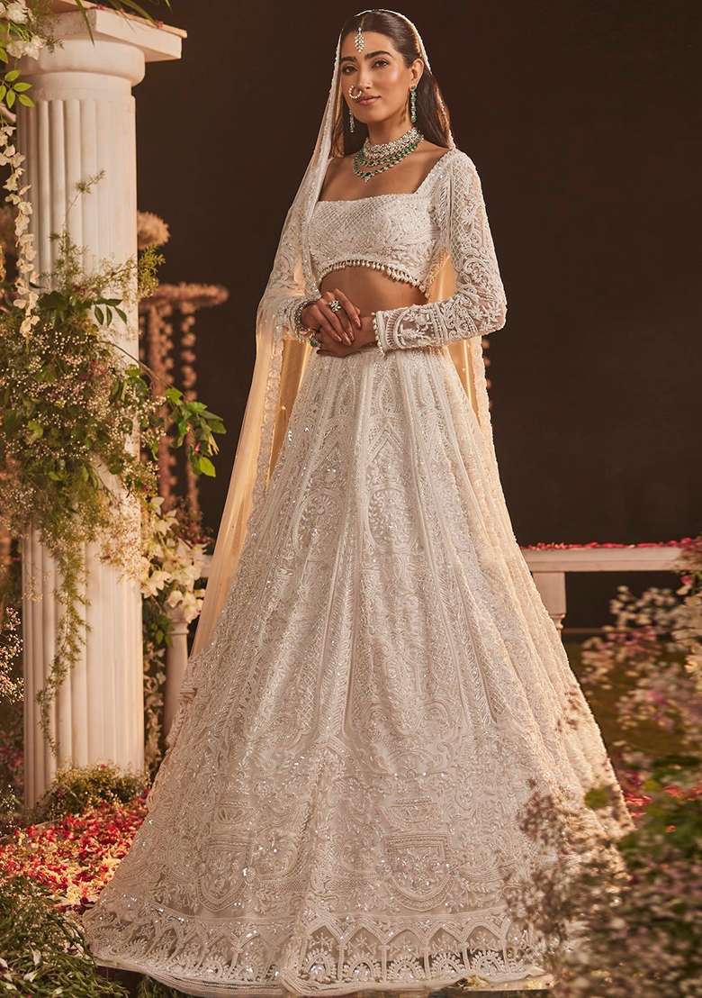 White Embroidered Net Lehenga Set for Diwali and Festive Wear - Indya