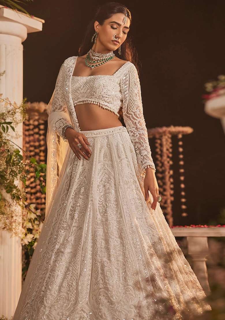 White Embroidered Net Lehenga Set for Diwali and Festive Wear - Indya