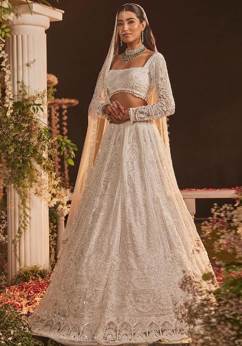 White Embroidered Net Lehenga Set