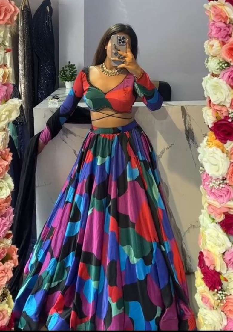 Multicolor Printed Silk Lehenga Set for Diwali and Festive Wear - Indya