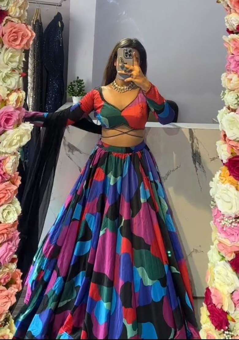 Multicolor Printed Silk Lehenga Set for Diwali and Festive Wear - Indya