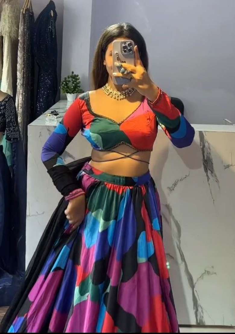 Multicolor Printed Silk Lehenga Set for Diwali and Festive Wear - Indya
