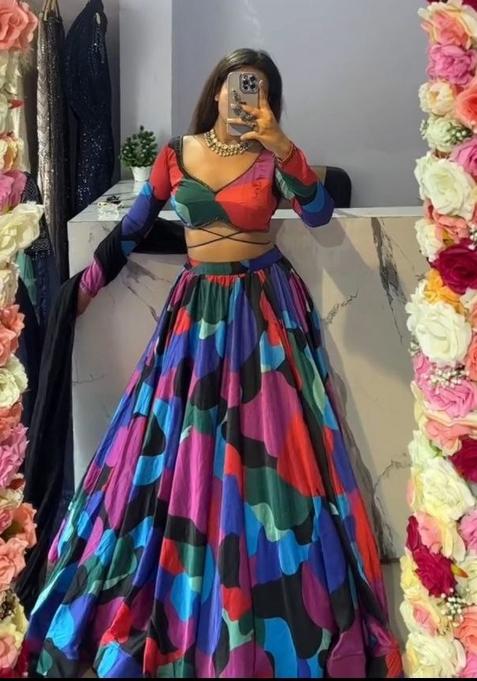 Multicolor Printed Silk Lehenga Set