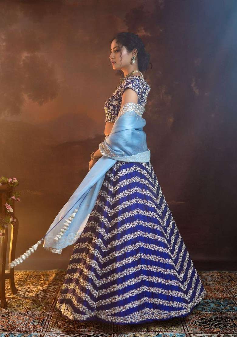 Blue Embroidered Silk Lehenga Set for Diwali and Festive Wear - Indya