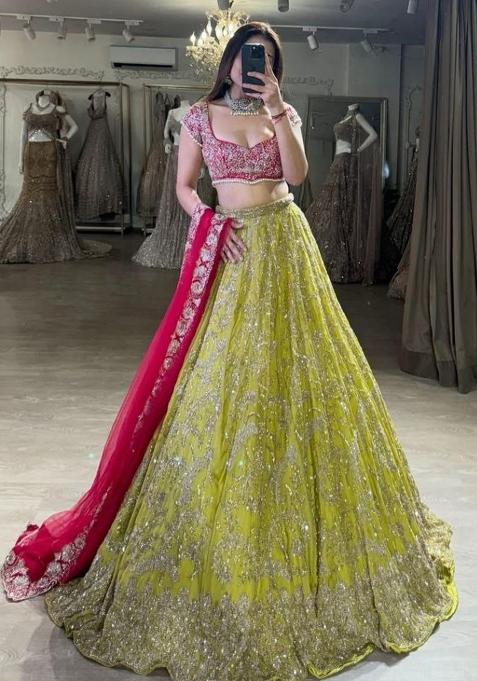 Lemon Sequin Work Georgette Lehenga Set