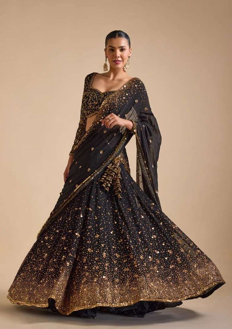 Black Embroidered Georgette Lehenga Set for Diwali and Festive Wear - Indya