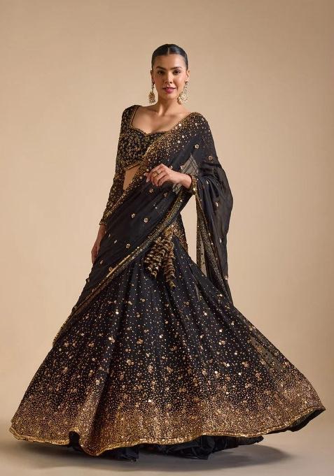 Black Embroidered Georgette Lehenga Set