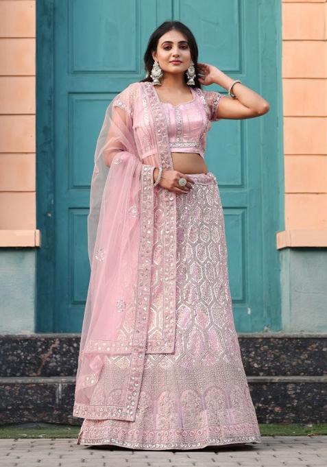 Peach Sequin Work Net Lehenga Set