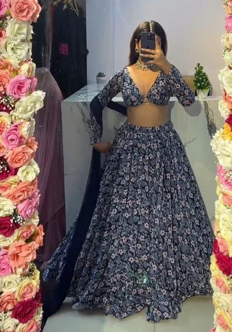 Multicolor Printed Silk Lehenga Set