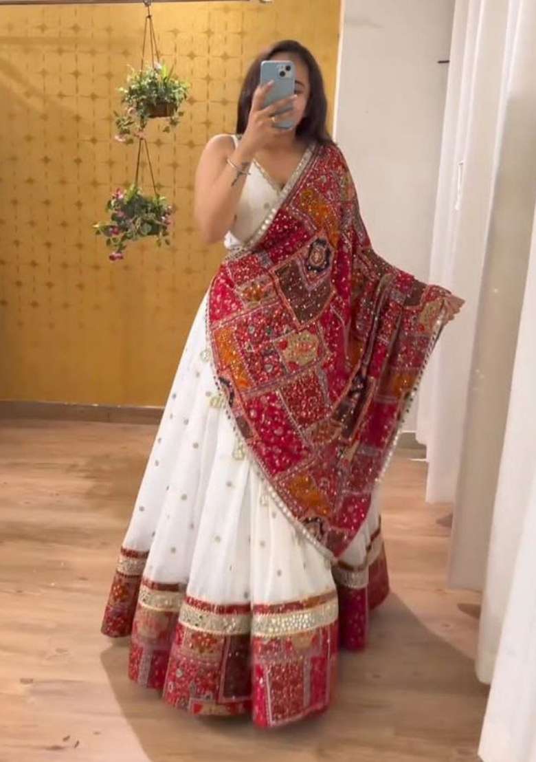 White Georgette Lehenga Set with Embroidered for Diwali | Wedding & Festive Wear - Indya