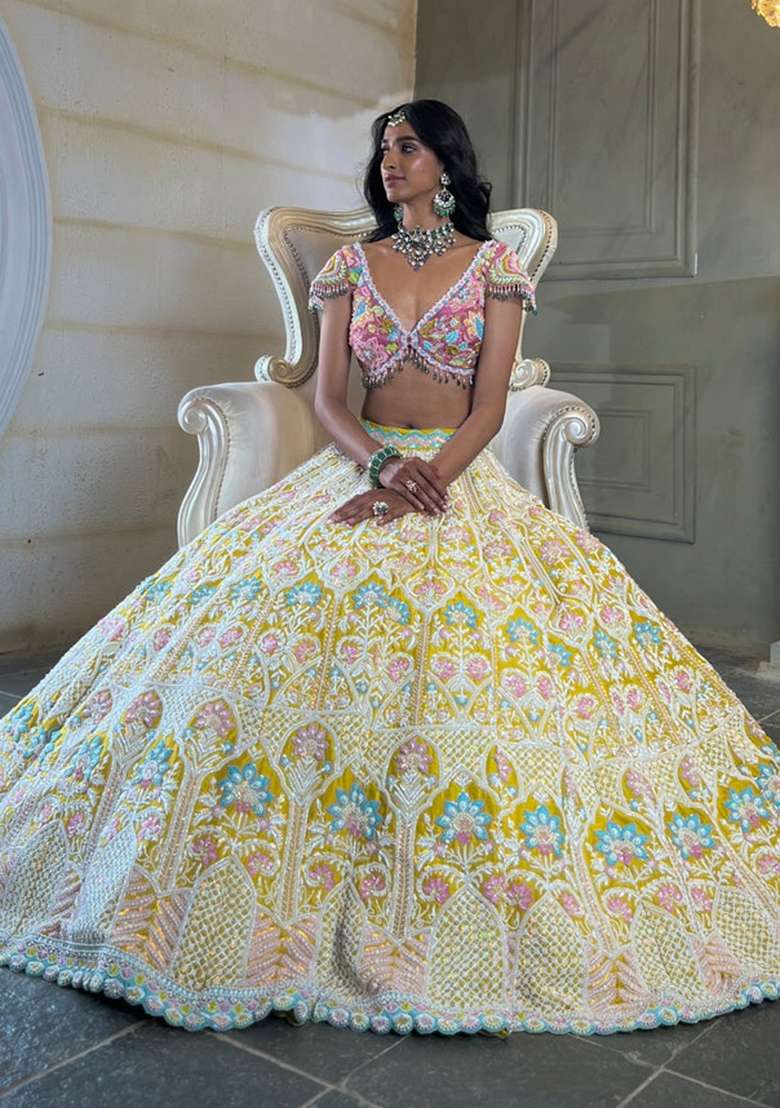 Yellow Silk Lehenga Set with Embroidered for Diwali | Wedding & Festive Wear - Indya
