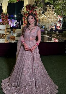 Peach Sequin Work Net Lehenga Set