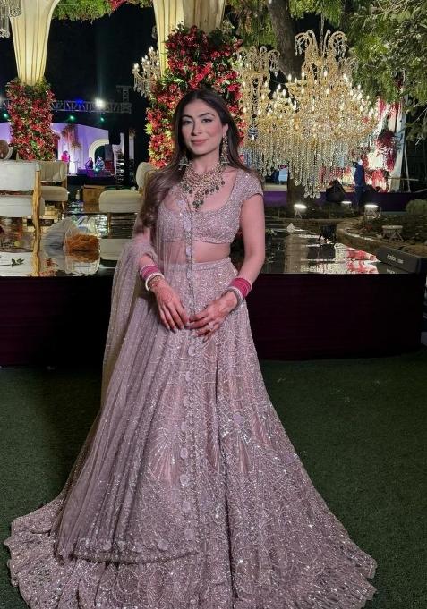 Peach Sequin Work Net Lehenga Set