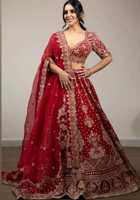 Red Embroidered Satin Lehenga Set